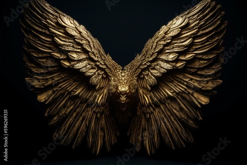 Intricately designed golden wings on a black background with gold border. Generative AI
