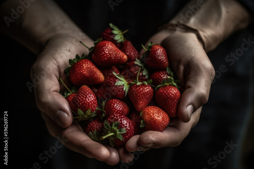 Hands holding strawberries, dark background. Generative AI