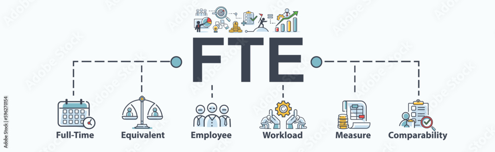 FTE banner web icon for human resource Management and organize. full time equivalent, employee, workload, measure, management and comparability. Minimal vector infographic.