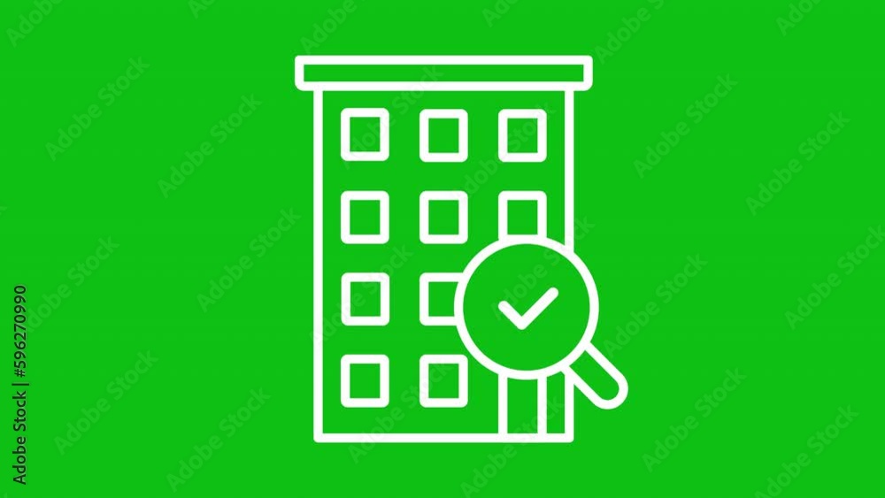 Flat search white line animation. Magnifying glass examining building. Property valuation. Seamless loop HD video with alpha channel on transparent background. Animated outline icon for night mode