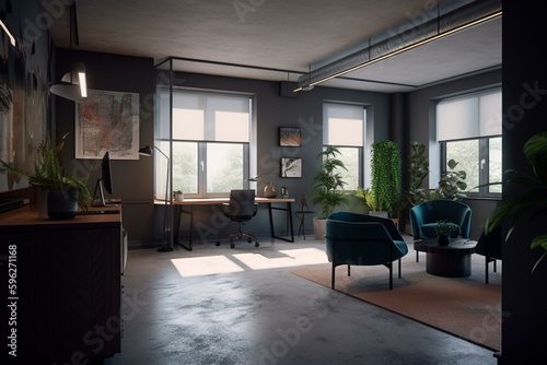 Office with chill zone, reception, window, and cabinets. Generative AI © Evadne