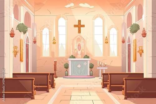 Foto traditional church interior with wooden pews and a large cross at the altar