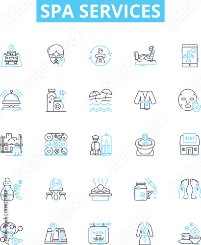 Spa services vector line icons set. Massage, Facial, Pedicure, Manicure, Waxing, Sauna, Scrubs illustration outline concept symbols and signs