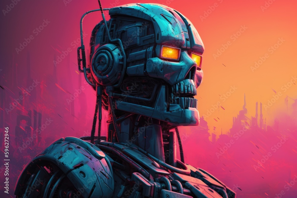 Futuristic Artificial Intelligence Cyborg Robot Standing Against a Pink Background