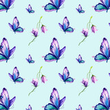 A pattern of morpho butterflies and a bell. Watercolor illustration on an isolated background. Multicolored wings, purple, pink, orange. Animals, wildlife.