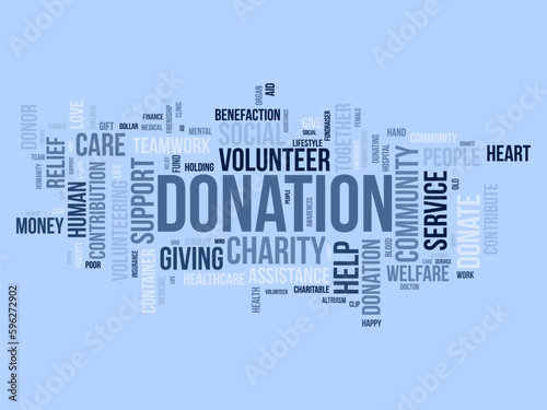 Word cloud background concept for DONATION. charity support, finance contribution help of community fundraising. vector illustration.