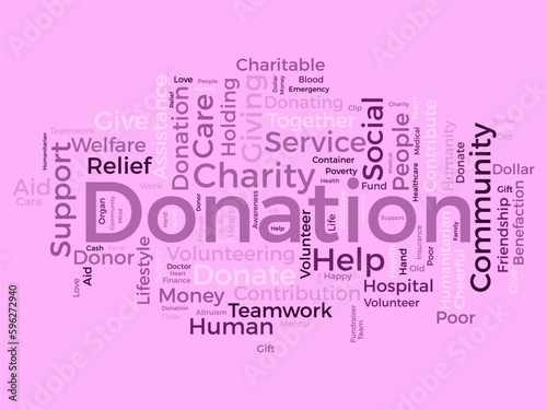 Word cloud background concept for DONATION. charity support, finance contribution help of community fundraising. vector illustration.