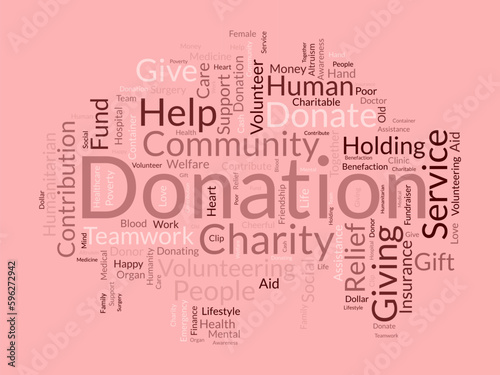 Word cloud background concept for DONATION. charity support, finance contribution help of community fundraising. vector illustration.