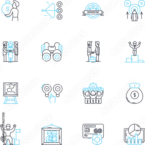 Performance metrics linear icons set. Evaluation, Analysis, Assessment, Criteria, Dashboard, Efficiency, Effectiveness line vector and concept signs. Feedback,Goals,Indicators outline illustrations