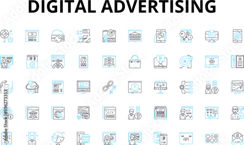 Digital advertising linear icons set. Targeting, Strategy, Optimization, Metrics, Engagement, Conversion, Branding vector symbols and line concept signs. Visibility,Display,Programmatic illustration