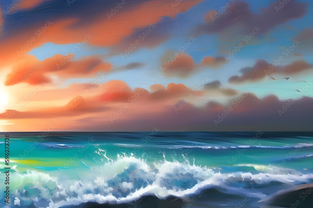 sunset over the sea. sunset on the beach. seascape oil painting. seascape. oil painting.