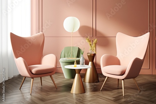 cozy living room with pink walls and chairs. Generative AI
