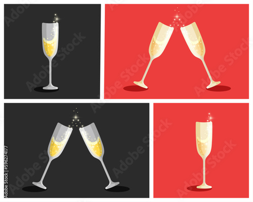 Silver and gold glasses of champagne on black and red backgrouds. Hand drawn vector flat illustration. Bright, sparkling, festive, colorful design. Best for greetingcards, posters, prints and web.
