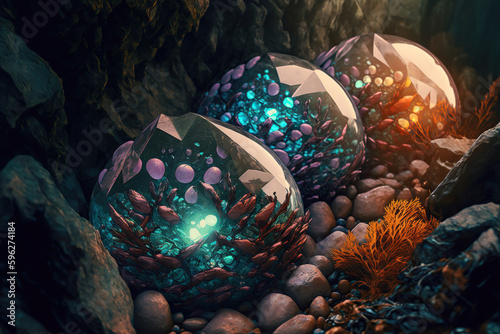 Colorful crystal stones in a magical fantasy cave, rpg quest, Generative AI