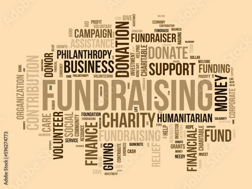 Word cloud background concept for Fundraising. Charity funding, philanthropy donation support of charitable contribution. vector illustration.