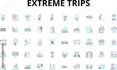 Extreme trips linear icons set. Adventurous, Thrilling, Intense, Challenging, Grueling, Extreme, Dangerous vector symbols and line concept signs. Risky,Exciting,Epic illustration