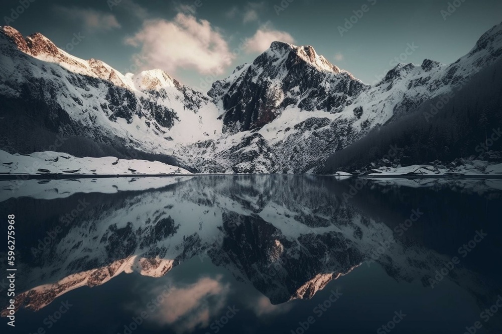 Reflections of snowy mountaintops in winter. Generative AI