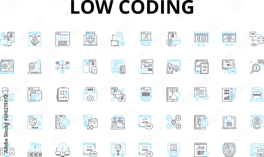 Low coding linear icons set. Simplify, Efficiency, Intuitive, Agile, Rapid, Streamline, Productivity vector symbols and line concept signs. Automate,Scalable,Flexibility illustration