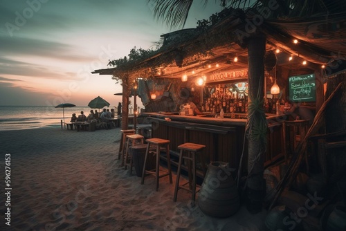 A bar on a beach with tropical vibes and drinks. Generative AI