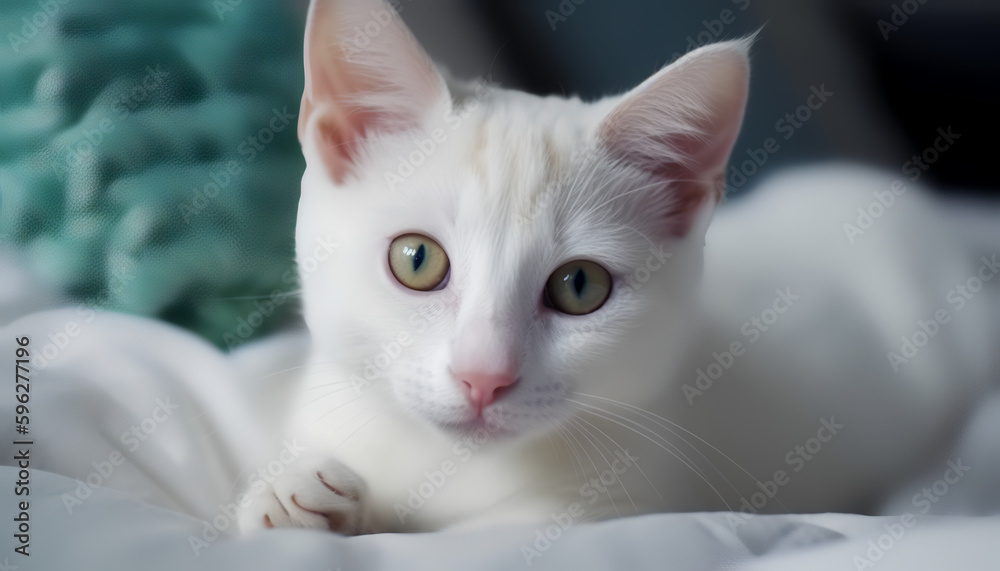 Captivating eyes and cozy vibes: This cute cat steals the show as they stare directly into the camera while resting on a soft, white surface - a truly beautiful kitten indeed.