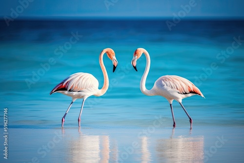 two elegant flamingos wading in the turquoise waters of a tropical beach. Generative AI