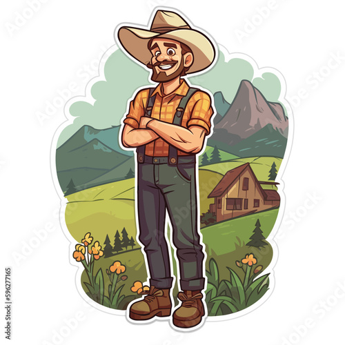 A happy farmer overlooks a hilly countryside. A healthy lifestyle, agriculture, farm concept. Cartoon vector illustration. label, sticker, t-shirt printing