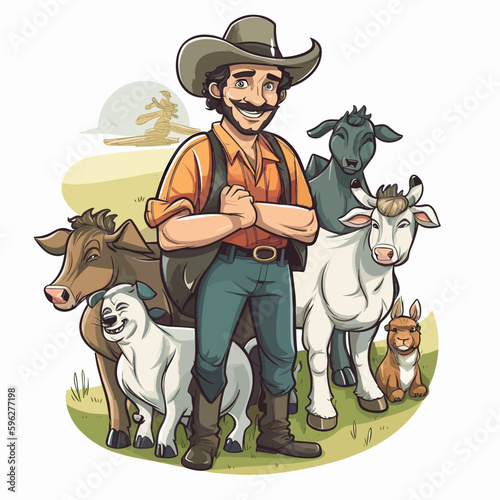 A happy farmer with a group of domestic animals. A healthy lifestyle, agriculture, farm concept. Cartoon vector illustration. label, sticker, t-shirt printing