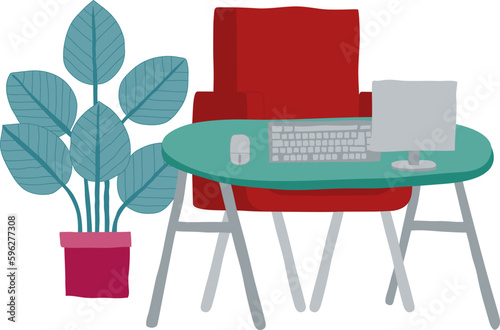 An office or home business scene with a desk and computer workstation in an abstract cubist flat modern cartoon style