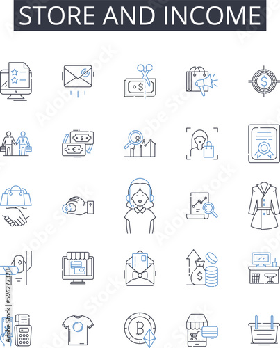 Store and income line icons collection. E-commerce, Webstore, Retail, Marketplace, Cart, Checkout, Delivery vector and linear illustration. Browse,Grid,Wishlist outline signs set Generative AI