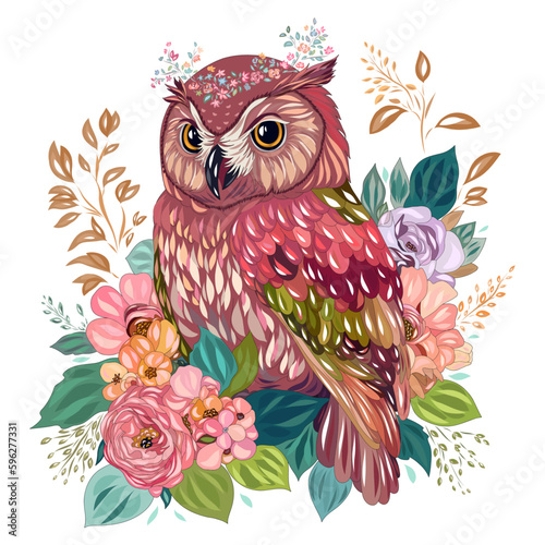 Owl among flowers and plants. Wise owl on a flowering branch. Vector graphics