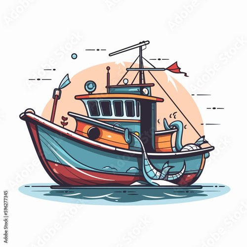 A small fishing boat goes out to sea. Cartoon vector illustration. label, sticker, t-shirt printing