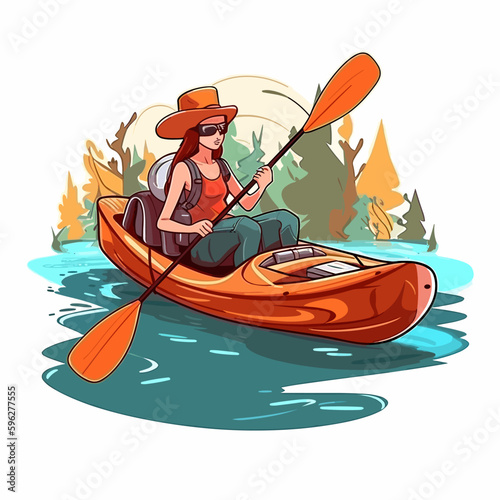 A girl paddles a kayak. Kayak rental. Water sports. Cartoon vector illustration. label, sticker, t-shirt printing