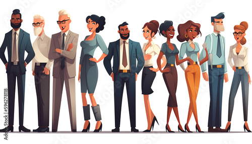 Diversity meets business, A team of cartoon characters from different genders, ages, and body types, dressed in solo office attire, comes together to form an international force in this vector graphic
