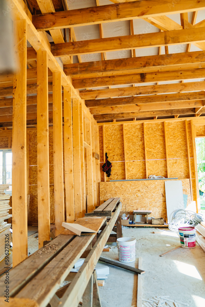 The internal structure of the block wooden house consists of wooden bars The internal structure of the block wooden house consists of wooden bars