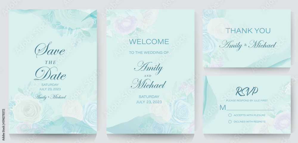Flower floral print. Wedding invitation card, save the date, thank you, rsvp template.
 Vector. Branches watercolor