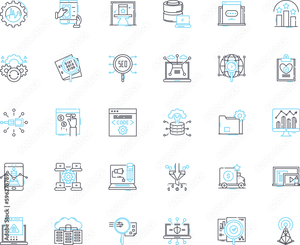 Social media analysis linear icons set. Engagement, Metrics, Sentiment, Virality, Insights, Monitoring, Reputation line vector and concept signs. Analytics,Performance,Influence outline illustrations