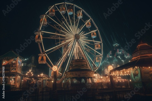 Nighttime carnival featuring a Ferris wheel. Generative AI