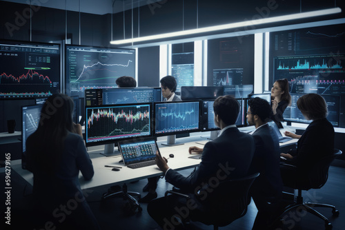 group of people gathered in a virtual trading room, using advanced technology and AI to analyze data and make split-second decisions
