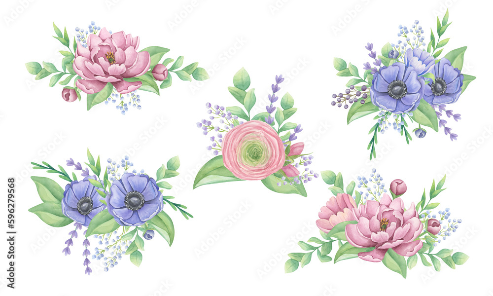 A set of flower wedding compositions from peonies, anemones, ranunculus and eucalyptus. Wedding bouquets. Botanical clipart. Watercolor illustration isolated on white background