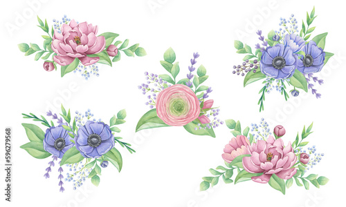 A set of flower wedding compositions from peonies  anemones  ranunculus and eucalyptus. Wedding bouquets. Botanical clipart. Watercolor illustration isolated on white background