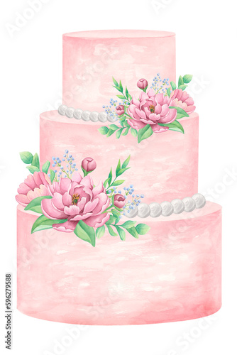 Pink wedding cake in three tiers, decorated with peonies. Watercolor illustration isolated on white background