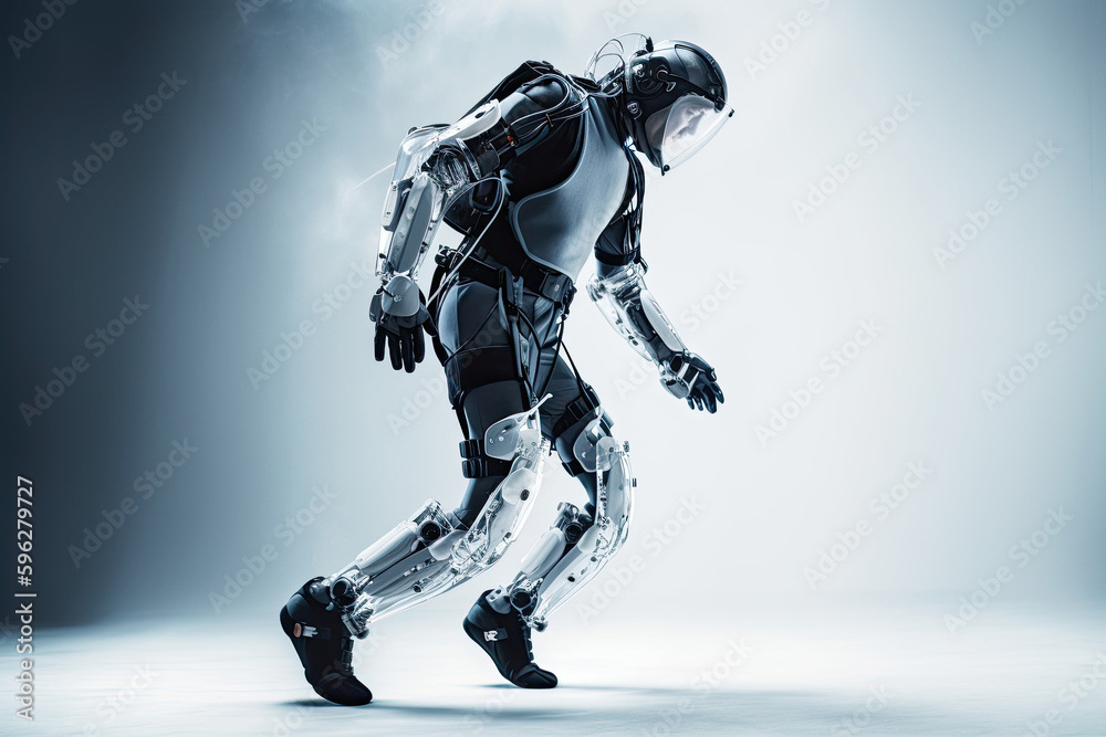 person wearing a sleek, high-tech exoskeleton suit, their movements enhanced and amplified by the advanced mechanical and electronic systems person wearing a sleek, high-tech exoskeleton suit, their movements enhanced and amplified by the advanced mechanical and electronic systems