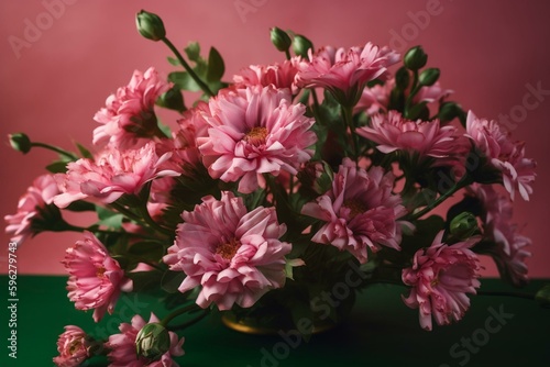 Delightful bouquet of pink flowers with green rims on soft pink background  crafted with care. Generative AI