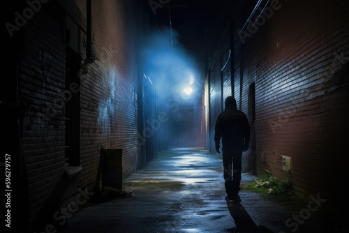 person walking down a dark alley at night  with their surroundings illuminated by a futuristic flashlight that also functions as a stun gun