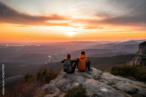 A couple watching the sunset from a mountaintop, sitting, with a panoramic view of the surrounding landscape stretching out below them