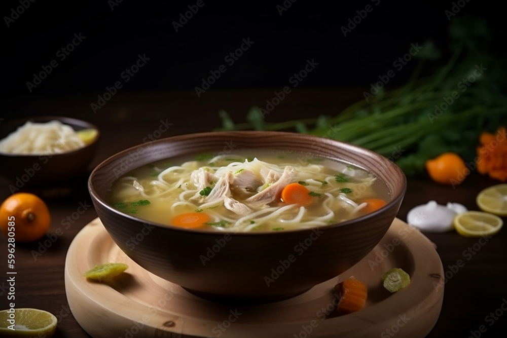A bowl of fresh chicken soup, chicken broth on wooden table