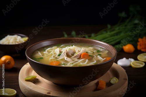 A bowl of fresh chicken soup, chicken broth on wooden table