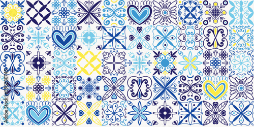 Mediterranean ornament. Hand drawn curve and floral blue mosaic pattern. Arabic ceramic tiles. Blue colors, print for textile, wrapping paper, oriental decor tilework vector isolated illustration