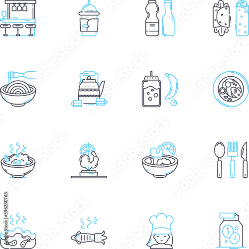 Culinary choices linear icons set. Gourmet, Fusion, Vegan, Gluten-free, Spicy, Ethnic, Artisanal line vector and concept signs. Organic,Locally-sourced,Farm-to-table outline illustrations