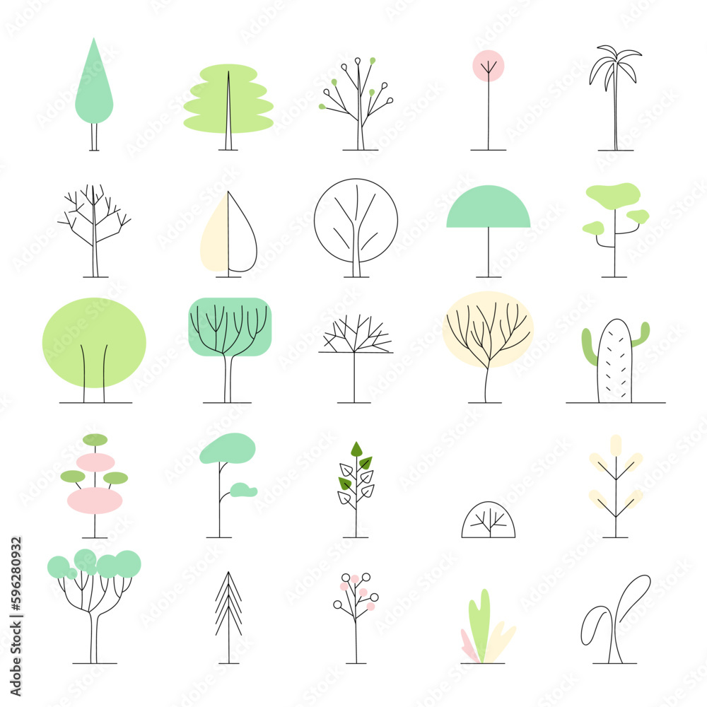 Simple trees. Minimal nature forest or park. Minimalism style line plants. Abstract logo design. Eco bio symbols, colorful outline botanical elements. Spruce pine and oak. Vector isolated set